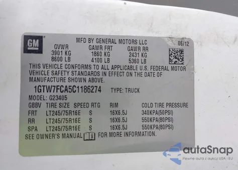2012 GMC Savana 2500 Work Van z USA, uszkodzony, nr VIN 1GTW7FCA5C1186274